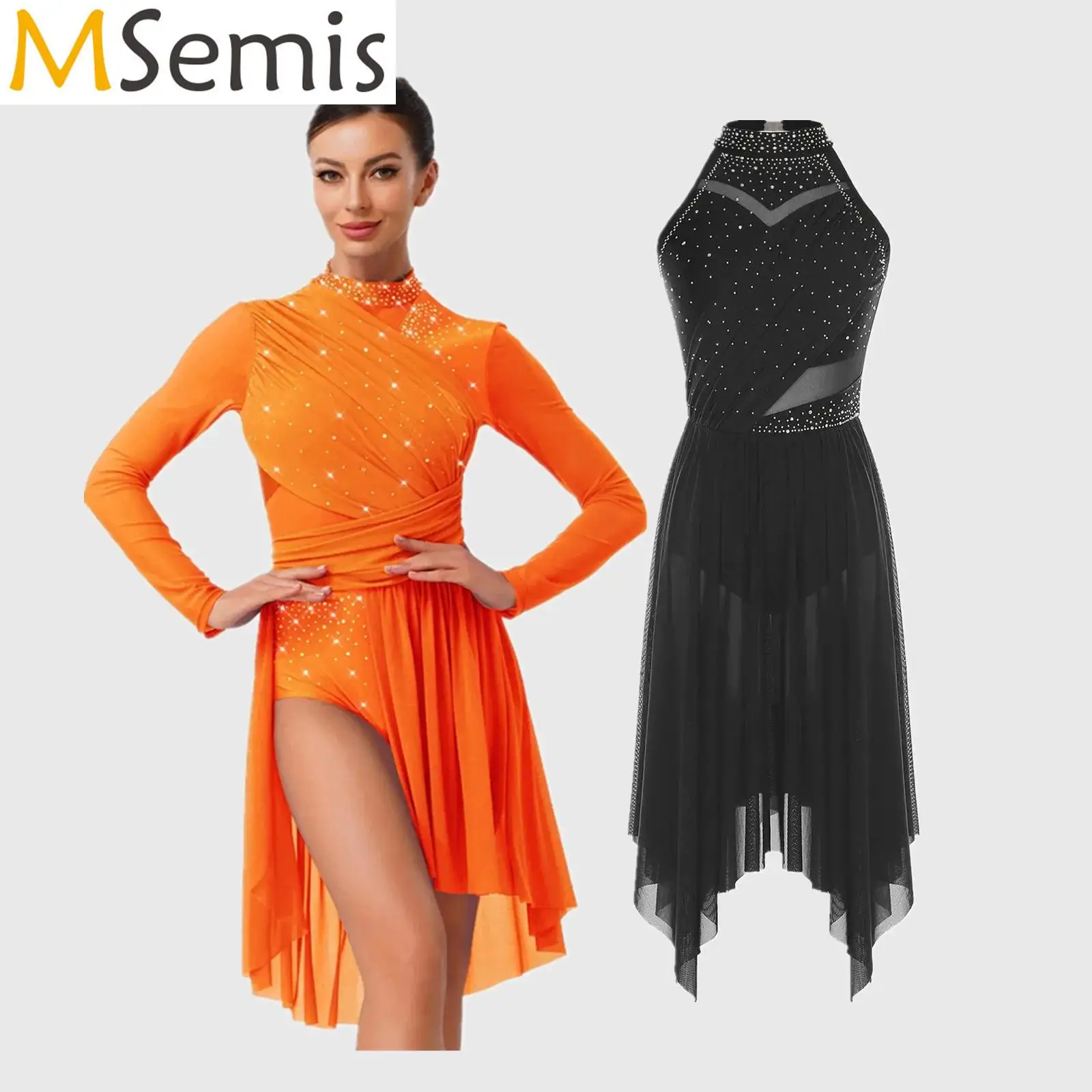 

Womens Gymnastics Lyrical Ballet Dance Glittery Rhinestone Dress Ruched Backless Leotard Dresses Contemporary Dance Costumes