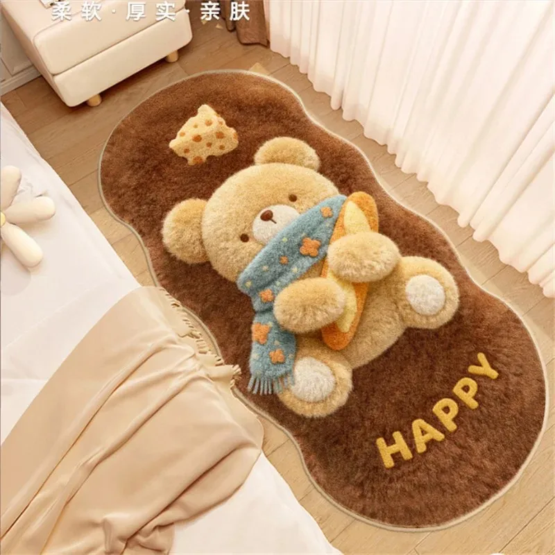 VIKAMA Bear Hugging Bunny Runner Rug for Bedroom, Soft Flannel Bedside Floor Mat, Anti Slip Non Fatigue Doormat, Home Decor