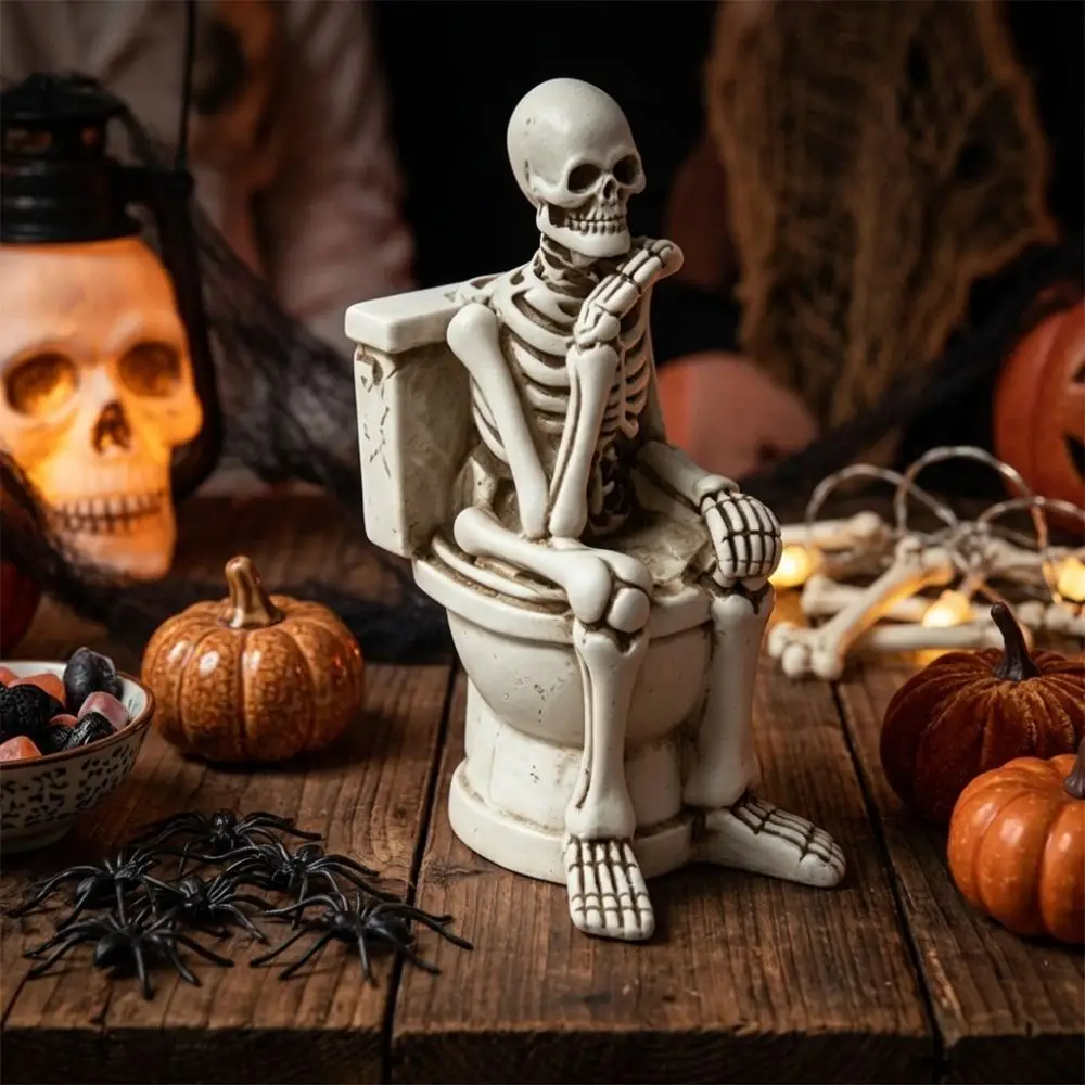 Vintage Skeleton on Toilet Figurine Gothic Spooky Atmosphere Halloween Skeleton Statue Funny Fade-Proof
