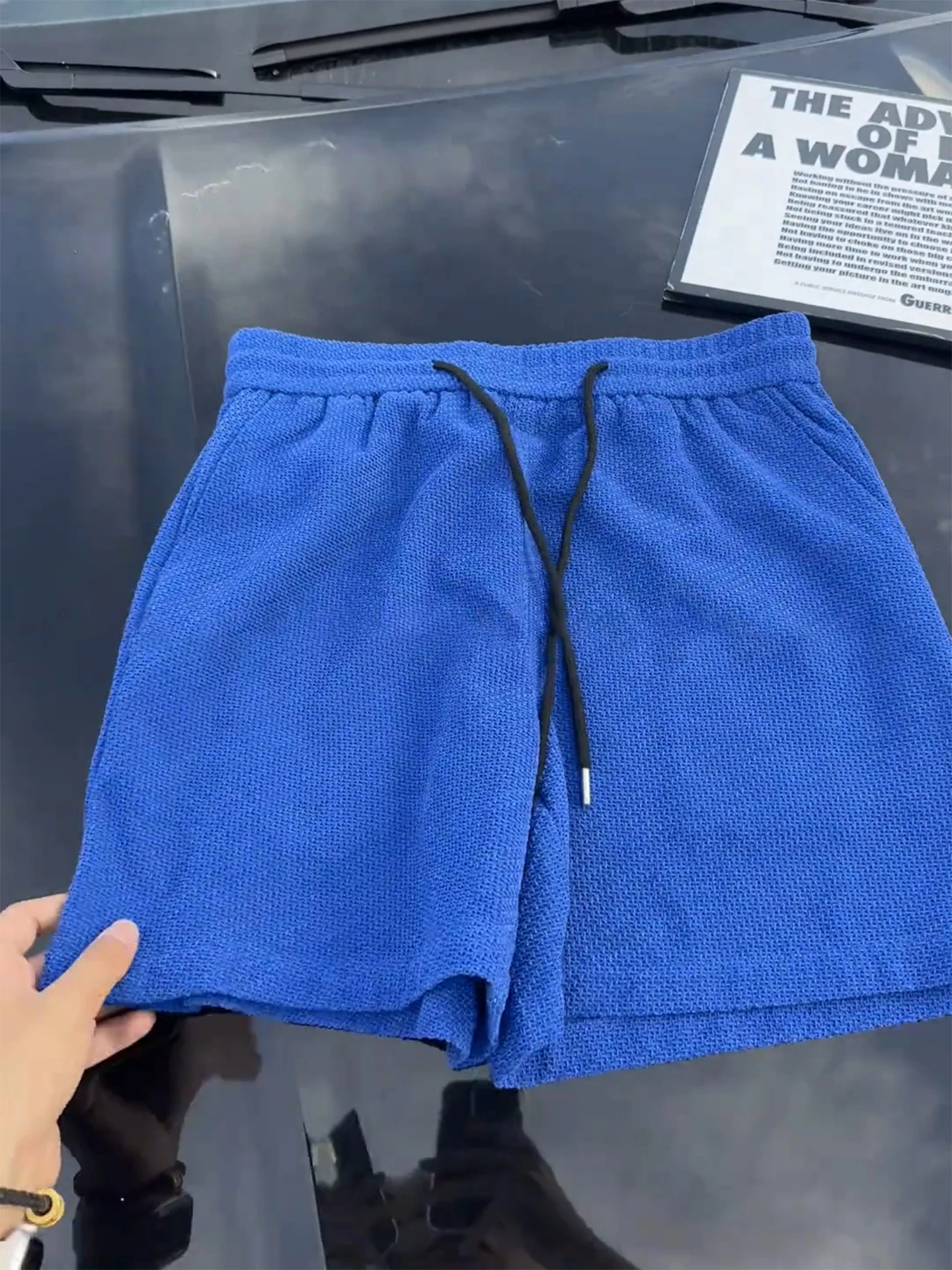 Blue Textured Quick Dry Ice Silk Men's Shorts Summer Thin Casual Loose Fit Elastic Waist Knee High Fashionable Sportswear