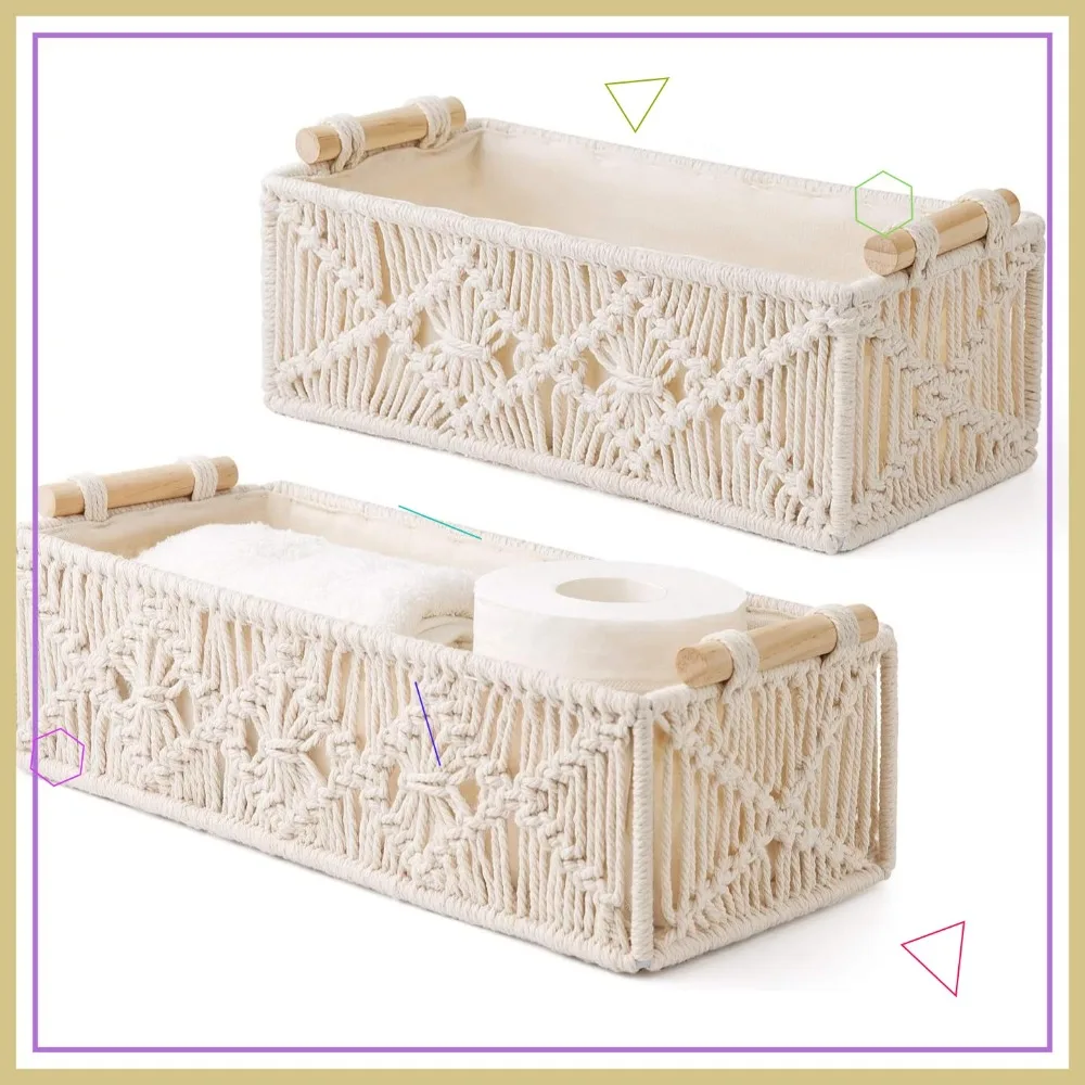 

Handmade Woven Storage Baskets Set of 2, Boho Decor Box for Bedroom Livingroom Home Organizer, Ivory