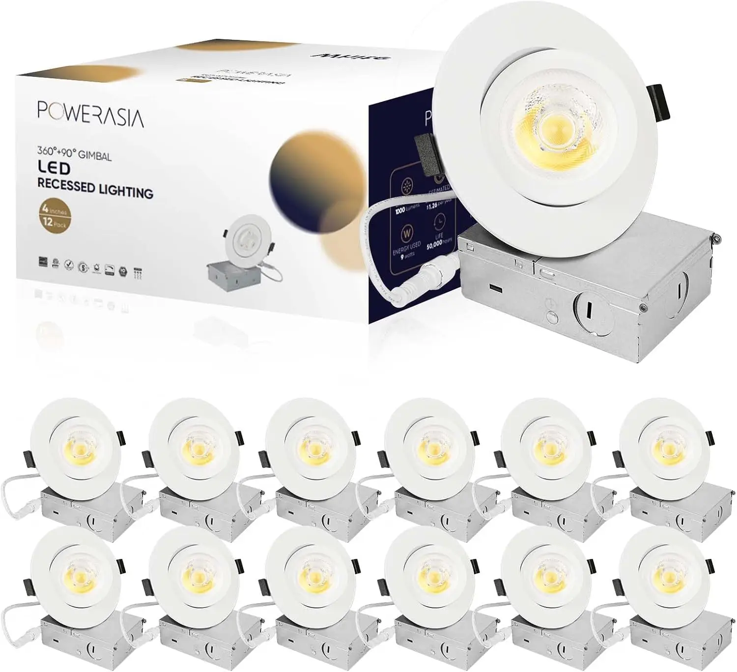 12 Pack 4 Inch Gimbal LED Recessed Lighting with Junction Box, 5CCT 2700K-6000K Selectable, 360°+90° Adjustable Directional