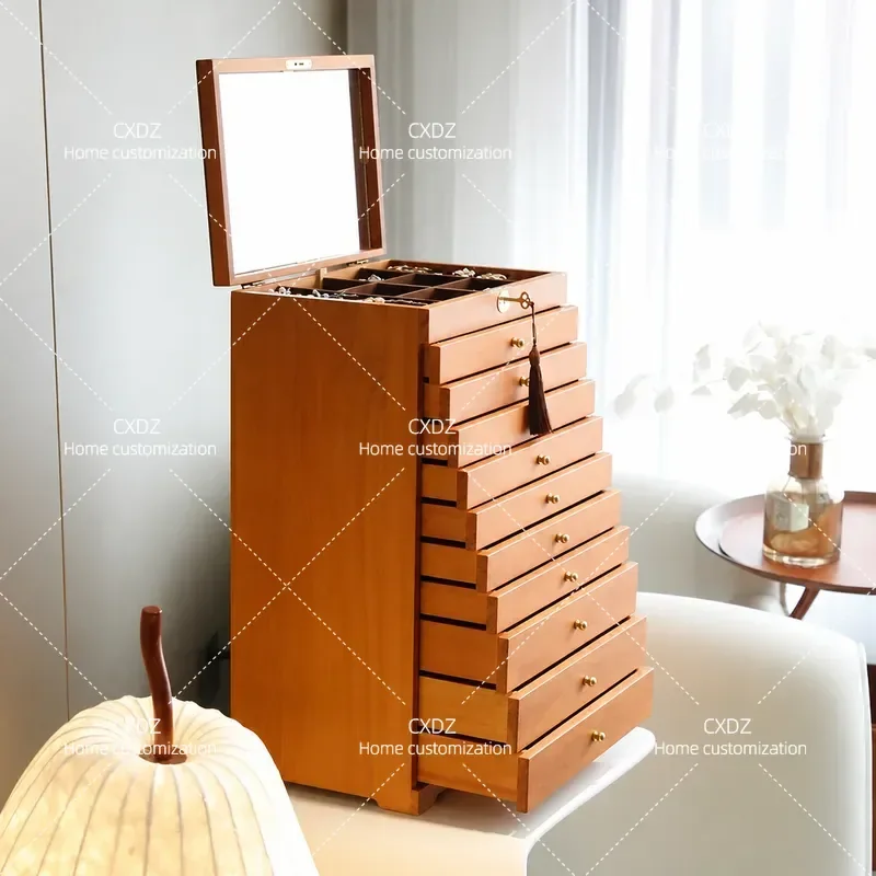 Wooden Jewelry Box Necklace Storage Cabinet Ring Organizer Display Case for Earrings Bracelets Home Dresser Drawer