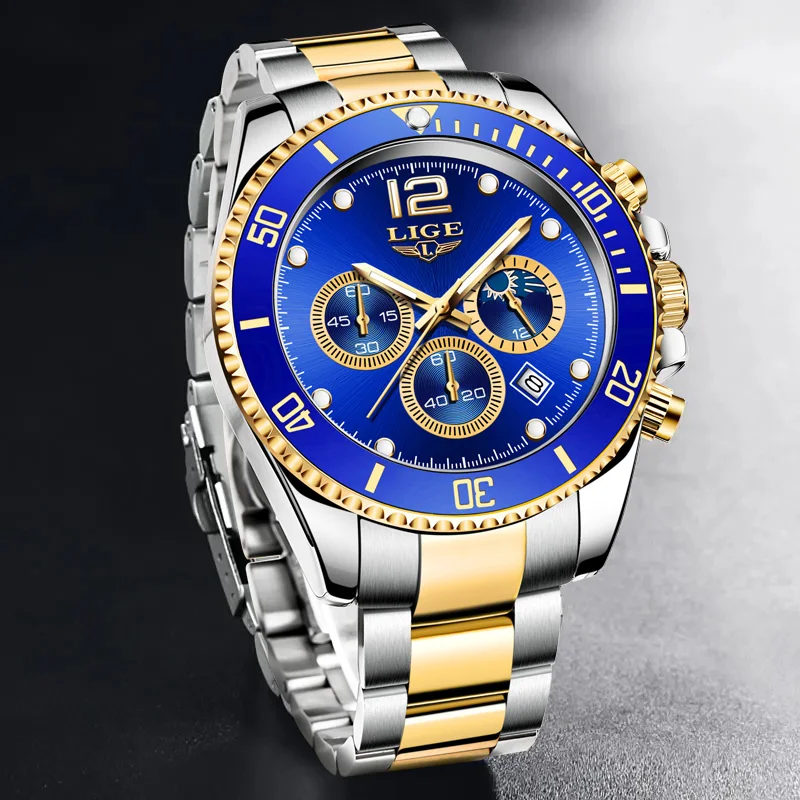 LIGE Top Brand Luxury Men Watch Business Stainless Steel Quartz Wristwatches Luminous Waterproof Watch for Men Clock Gift+Box
