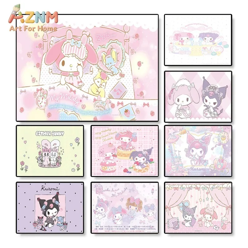 Sanrio My Melody Kuromi Sweet Pink Pastel Bedroom Cake Party Collage Canvas Painting Unframed Cute Wall Art Poster for Girls