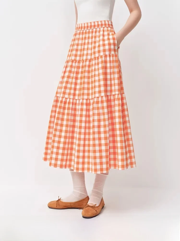 

Женская хлопковая летняя юбка-трапеция Vanan в стиле ретро с клетчатым узором, новая модель, длинная юбка-кейк с высокой талией, нелиняющая, для повседневной носки
