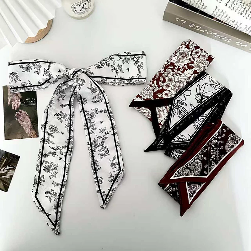 Luxury Fashion Woman Skinny Silk Scarf Long Hair Strip Silk Ribbon Small Neck Scarves Flower Bag Handle Ribbon Kerchief Lady Tie