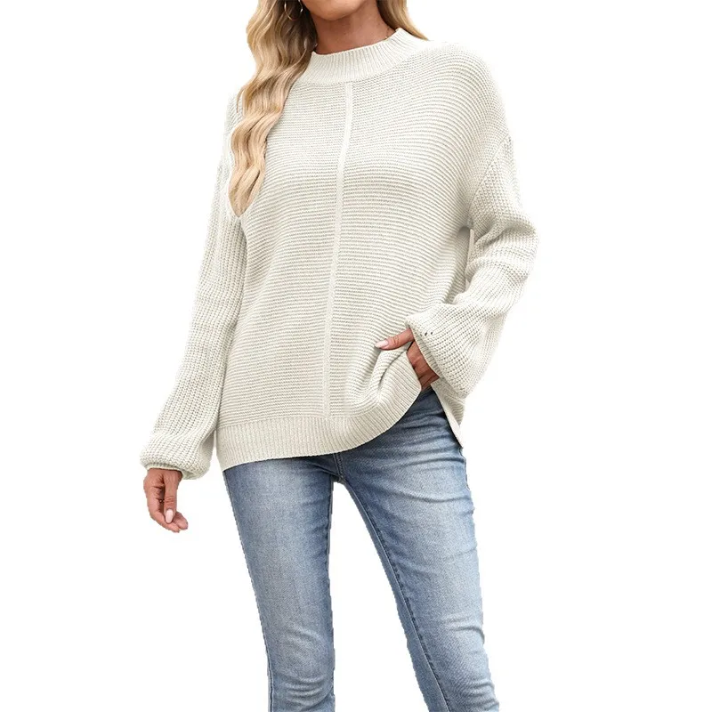 

European Autumn Winter Women's Solid Color Casual Trendy Simple Basic Half High Collar Long Sleeve Knitted Sweater Pullovers