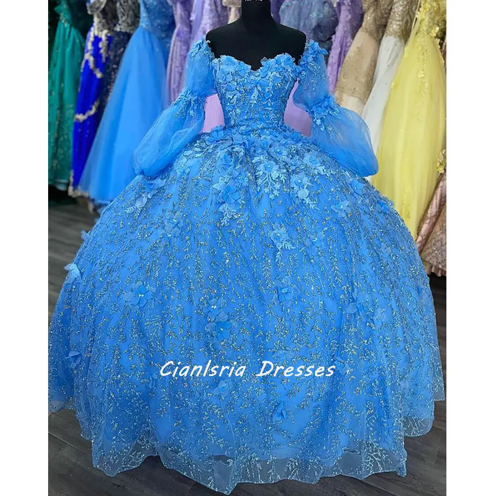 

Голубые платья Quinceanera с длинными рукавами и 3D цветами, бальное платье с кристаллами и блестками, аппликации, кружевной корсет, Vestidos De XV Anos