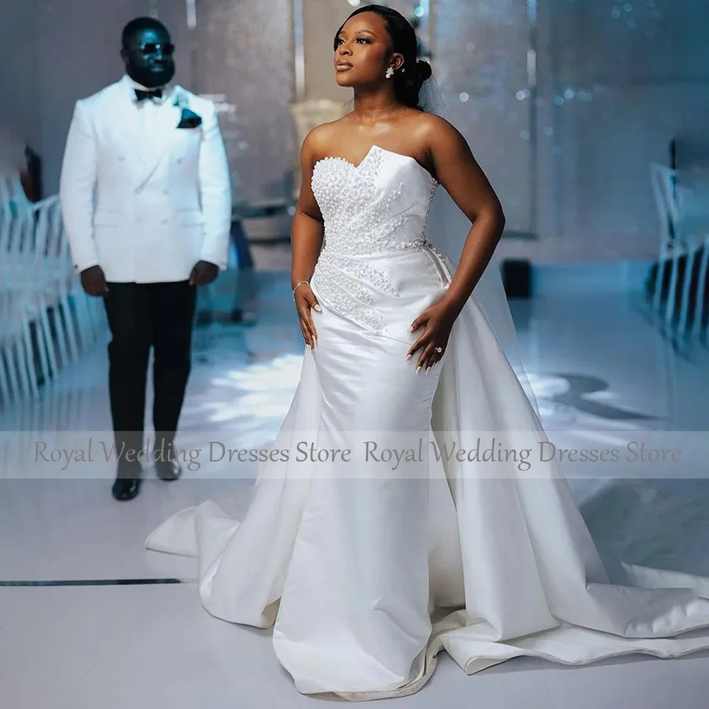 Luxury Wedding Dress White Satin Pearls Beading Mermaid Gowns with Detachable Train Strapless African Bridal Long