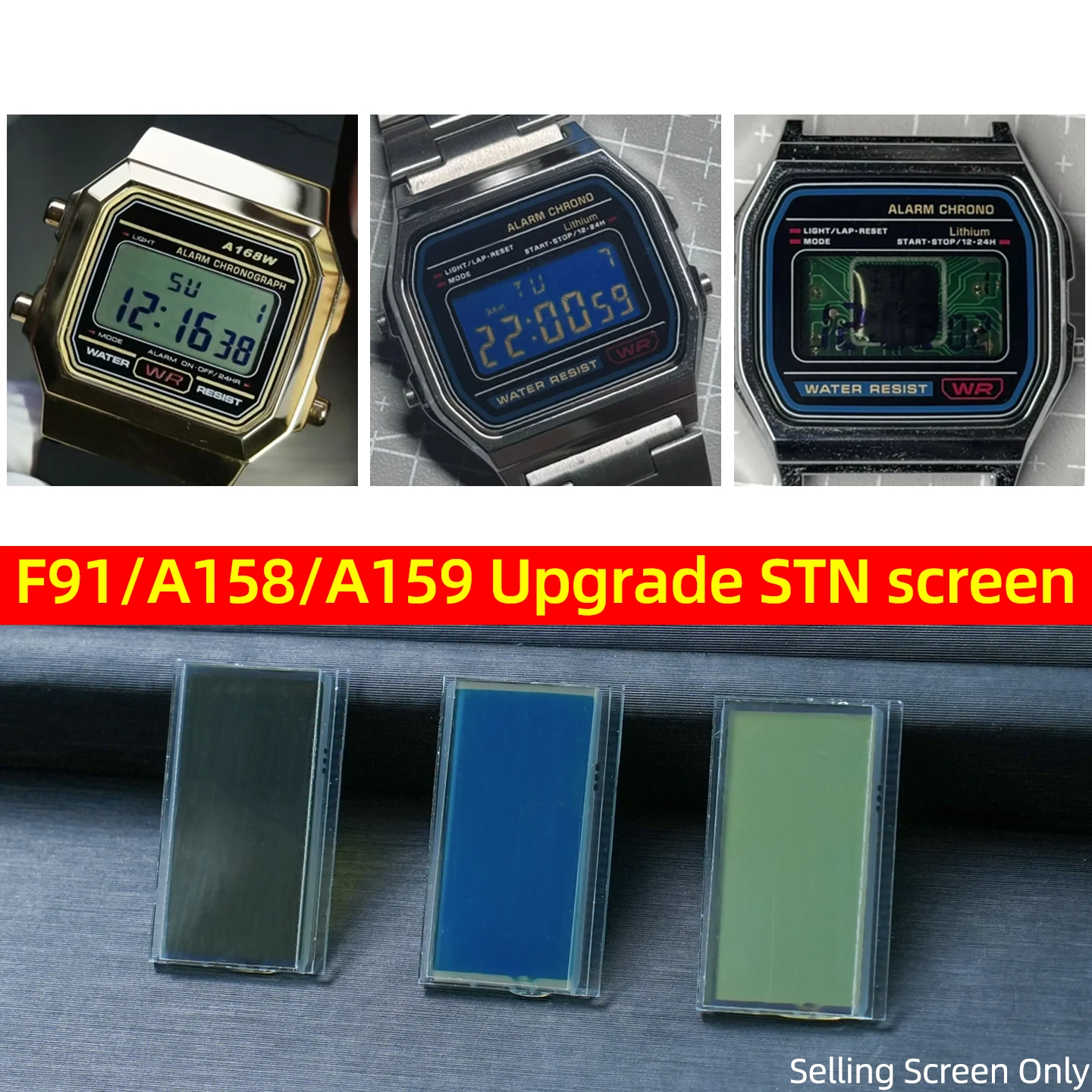 Pantalla LCD STN para relojes Casio F-91W F-105 A158 A159 A168, actualización de pantalla de alto contraste, piezas de repuesto (solo pantalla)