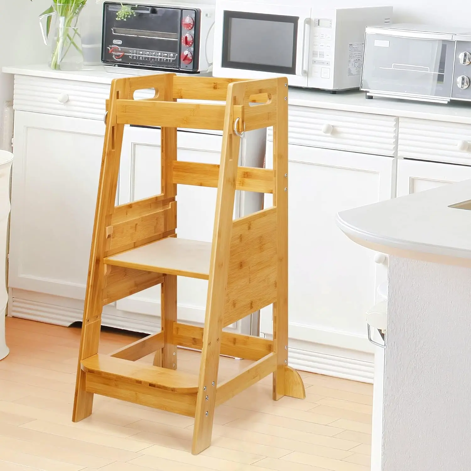 Bamboo Toddler Step Stool Kids Kitchen Counter Learning Stool Standing Helper Tower 3 Height Adjustable Bathroom Sink with Safet