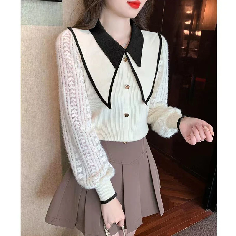 Women Korean Fashion Patchwork Sweet Elegant Knitwears Retro Lace Long Sleeve Slim Chic Pullover Knit Tops Female Clothing 2024