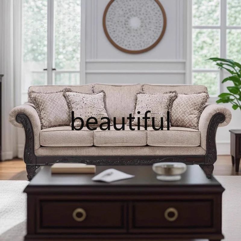 Medieval American solid wood carving flower retro imported fabric coarse hemp three-person down soft sofa living room sofa