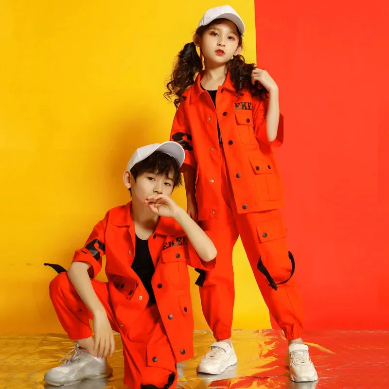 Trajes de baile de Jazz y Hip Hop para niños, chaqueta naranja, pantalones informales sueltos para niñas y niños, ropa de baile de salón callejero Hiphop