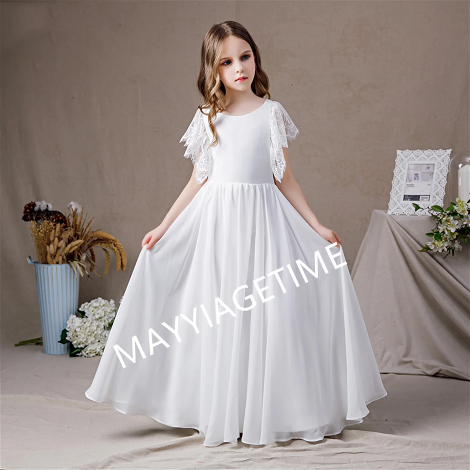 Robe Longue en Mousseline de Soie Blanche pour Demoiselle d'Honneur, Tenue de Première Communion à Manches Papillon, 2022