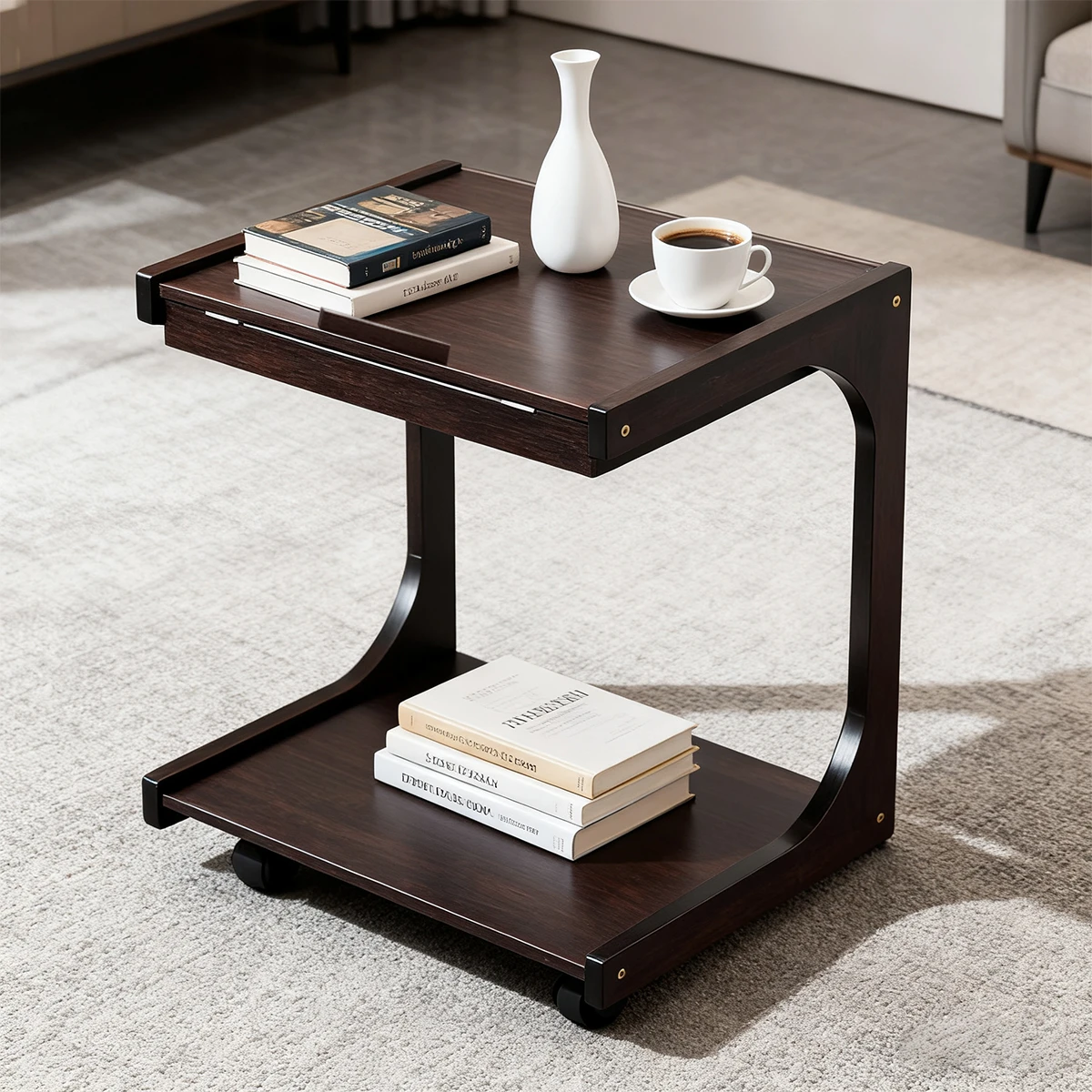 

C-Shaped Bamboo Coffee Table Adjustable Tilt Top Wheels Storage Shelf Sofa Side Table Living Room Bedroom