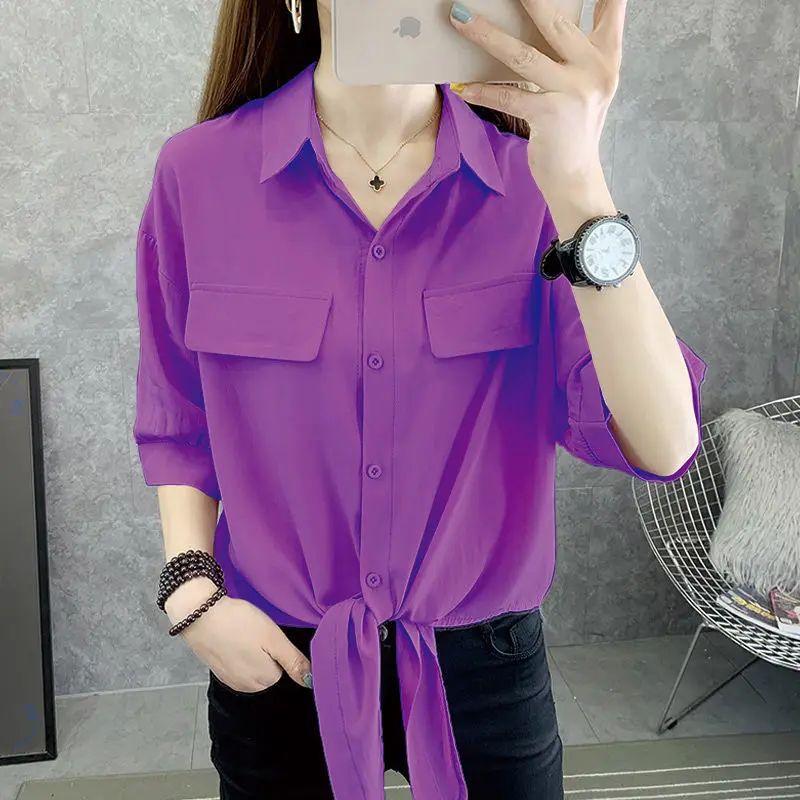 Fashion Lapel Spliced Pockets Button Oversized Bandage Chiffon Shirt 2022 Summer New Commute Tops Loose Casual Women\'s Blouse