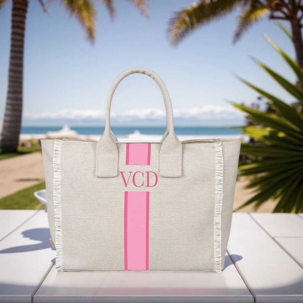 

Fashionable Customizable Letter Tassel Canvas Bag Large Capacity Commuting Beach Vacation Style Women's Bag