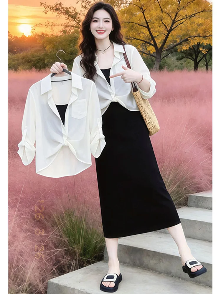 

Summer Loose Sun Protection Shirt Inner Match Black Dress Two-Piece Set Women's Casual Fashion Comfortable High Waist Midi Sk...