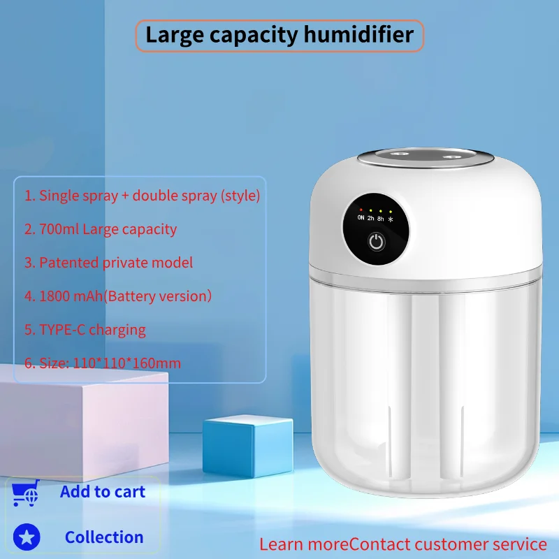 Humidificador de pulverización doble, recargable por USB, batería de 1800mAh, luz nocturna de Color cálido, portátil y para uso doméstico, gran capacidad y duradero