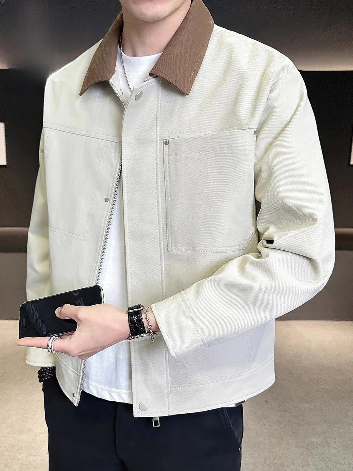 

Men's Vintage Jaet Spring Autumn Contrast Color Collar Workwear Outerwear Casual Sle Long Sve Windproof Polyester