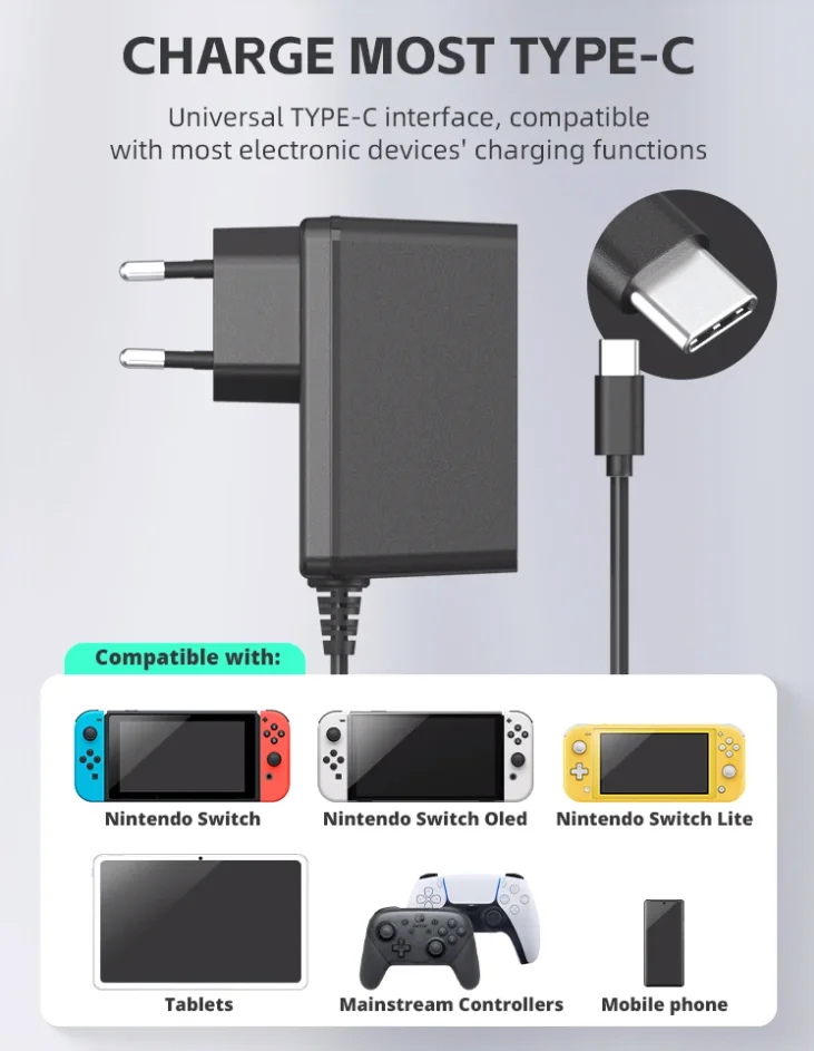 Caricatore adattatore CA con spina EU/US da 15 V a ricarica rapida per Nintendo Switch OLED da viaggio a casa di ricarica tipo C alimentatore USB