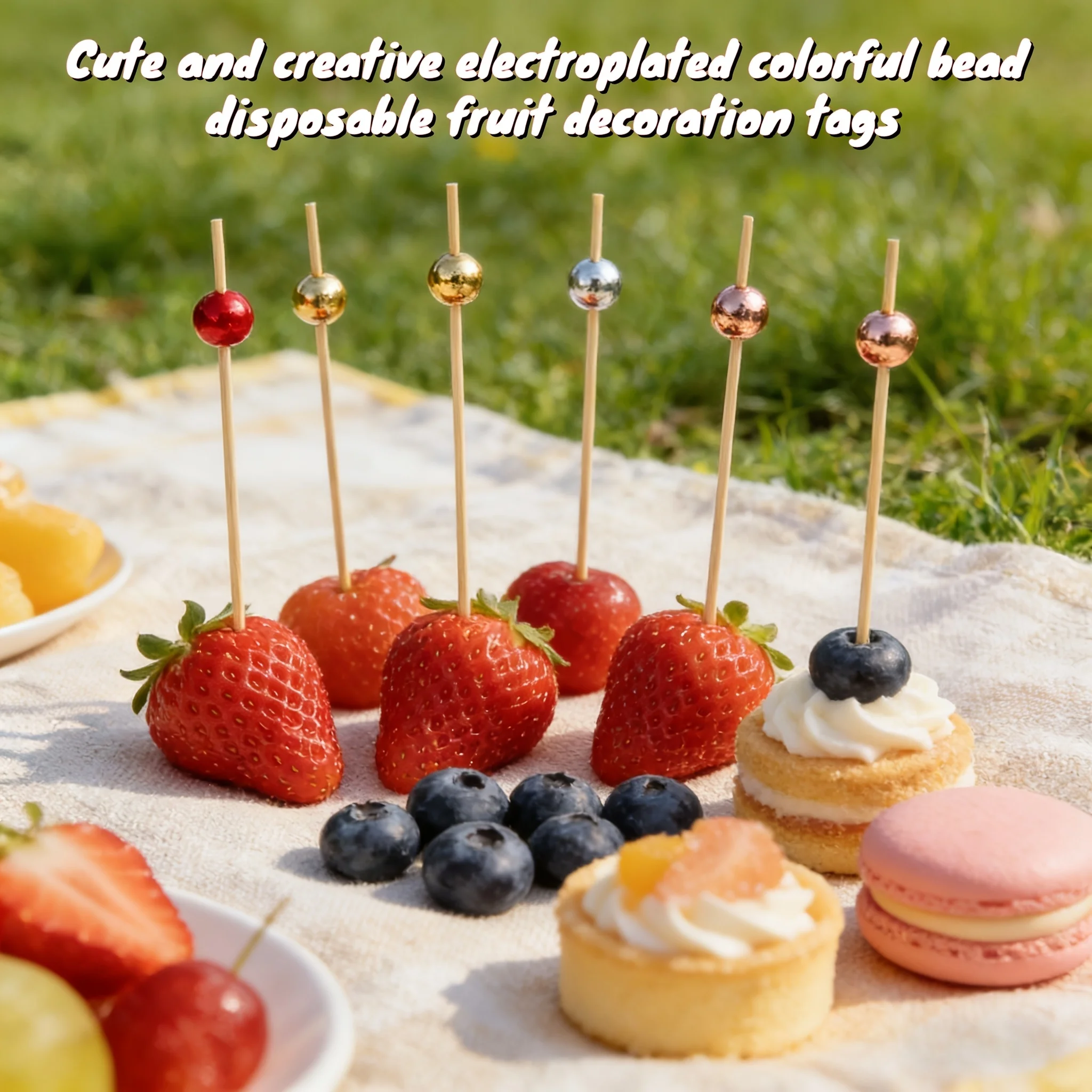 100 brochetas artesanales de bambú con perlas multicolor para barbacoa, frutas y pasteles – 12 cm/4.72 pulgadas