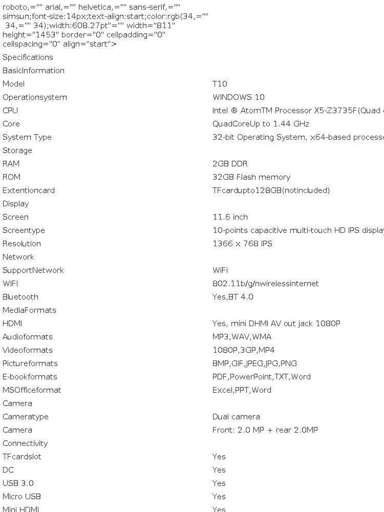 11.6 Inch Windows 10 T10 Tablet 2GB RAM 32GB ROM RCA9213 Quad Core 1366x768 IPS Screen Dual Camera WiFi HDMI-Compat