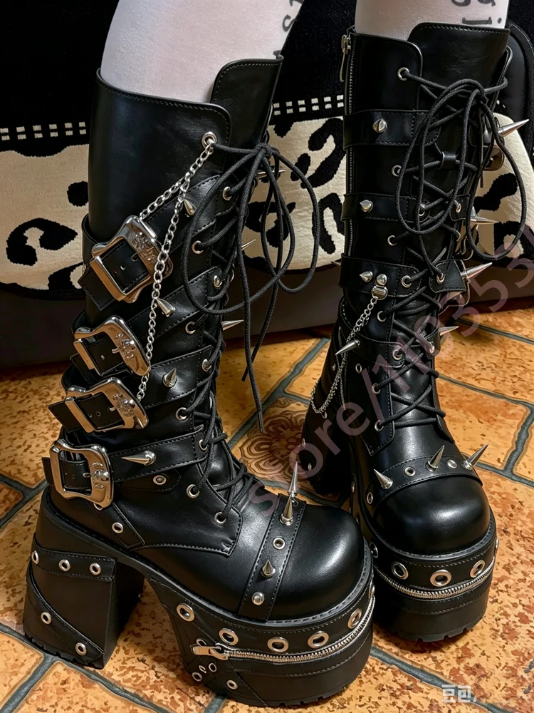 Knee High Platform Boots Multi Buckle Strap Chain Spike Rivet Decor Lace Up Side Zipper Goth Punk Chunky Block Heel Fashion Boot
