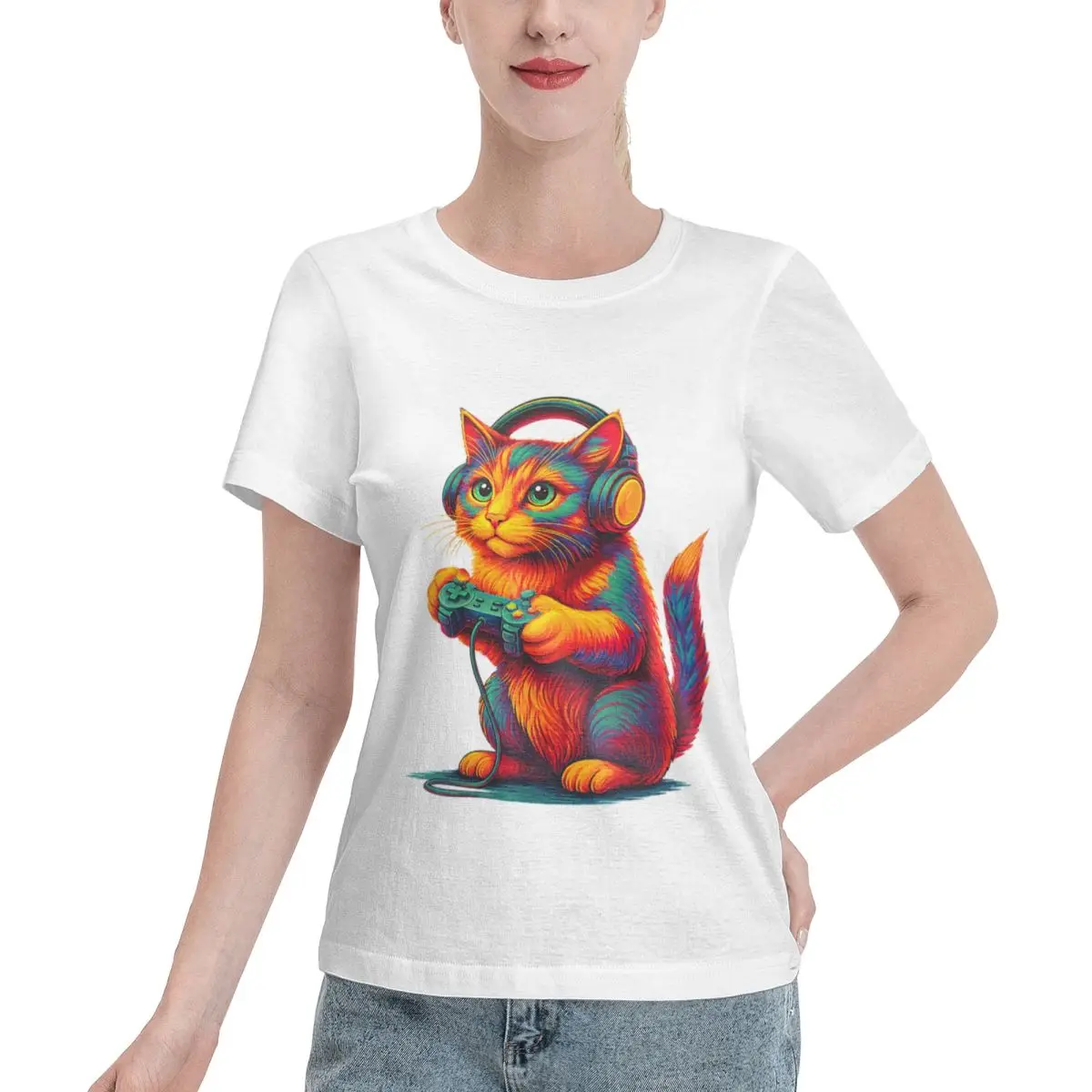 Skin Safe Gamer Cat Video Games Boys Teen Men Girls Funny Gift Gaming Women's T-shirt French Style Solid Color Tee