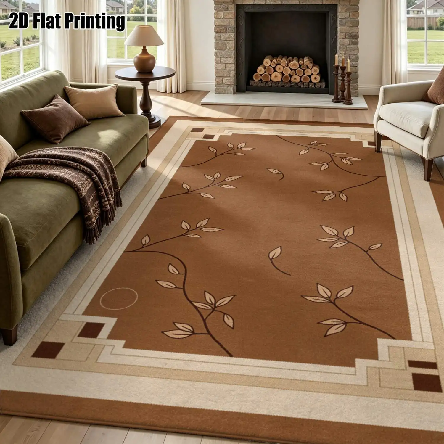 1Pc 2D Printed Carpet: Brown Leaf & Branch Geometric Border, European Retro Geometric Style, Home Decor, Multiple Sizes, Machine Washable, for Entryway, Living Room, Bedroom, Dining Room, Foyer