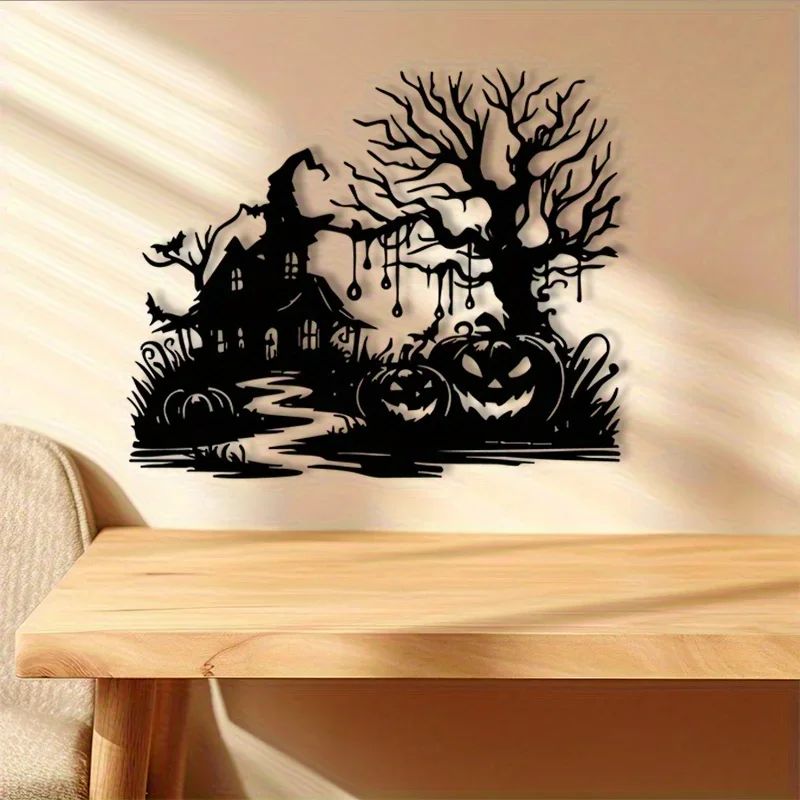 CIFBUY Metal Wall Art Iron Mural, Vintage Haunted House with Bat & Pumpkin, Frost Resistant Spooky Statue Home Decoration