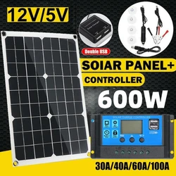 Kit completo de Panel Solar de 600W, cargador de batería de teléfono móvil, 12V, USB con controlador de 100A, células solares para coche, yate, RV, barco