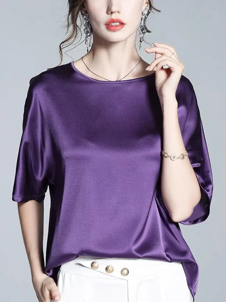 Angleterre élégant Vintage Blouse 2026 automne femmes chemise en soie glacée grande taille femmes demi manches acétate satin chemise couleur bonbon