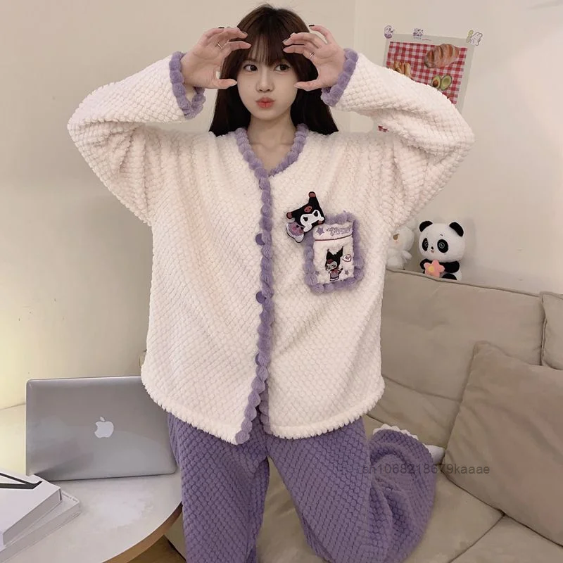 Sanrio Kuromi Autumn Winter Coral Velvet Warm Pajamas Women\'s Thickened Flannel Home Clothes Set Japanese Style Kawaii Sleepwear