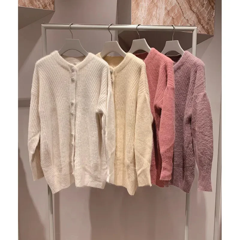 

Japan Style Loose Knit Cardigan Simple Casual O-neck Puff Long Sleeve Solid Color Single Breasted Sweater Autumn Women Coat