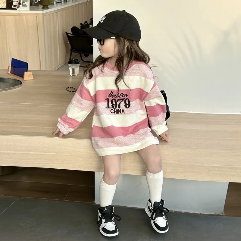 ChildrenTT-shirt2024Spring and Autumn New Girls' Wide Striped Embroidered Letters Mid-Length Bottoming Shirt