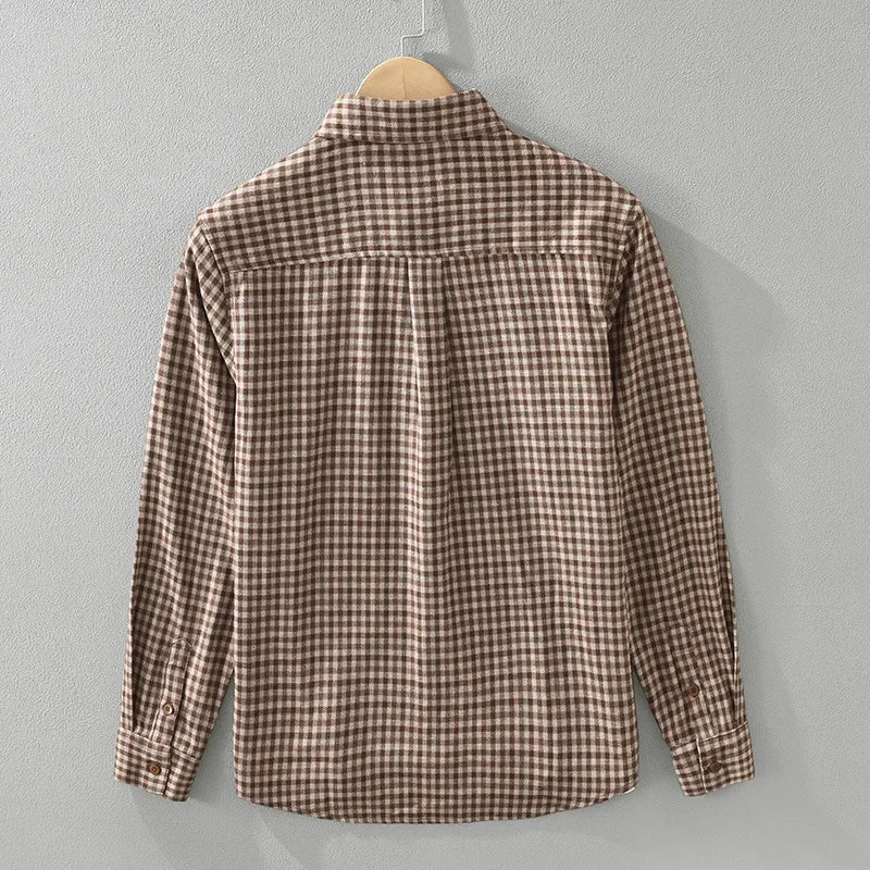 England Style Retro Coffee Plaid Shirts for Men Spring Fall Daily Casual Shirts Lapel Pocket Long Sleeve Shirt Man Soft Clothin