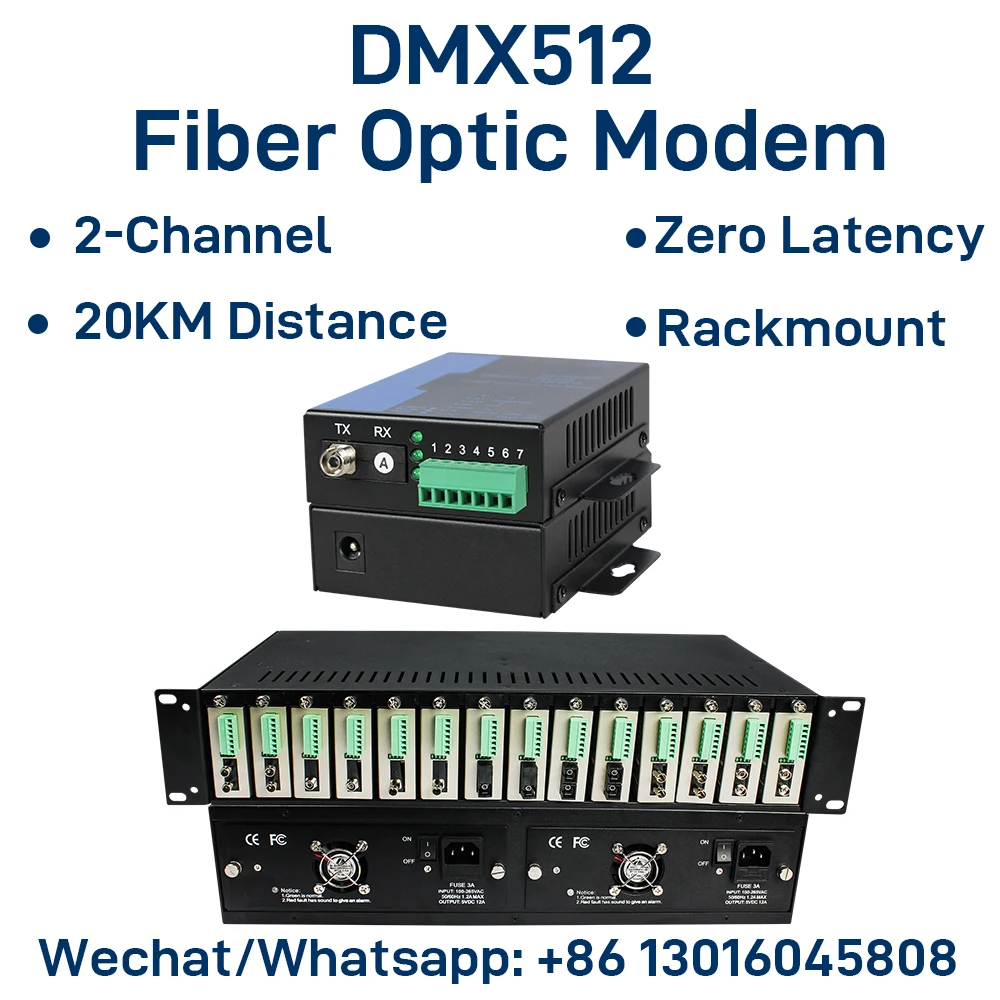 2-CH DMX512 Fiber Optic Modem, RS485/DMX Lighting Extender over Single Fiber 20KM, 7-Pin Terminal Block, FC/SC Interface