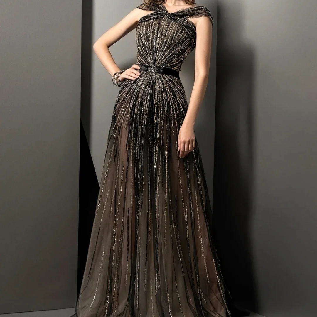 Luxurious Beaded A-line Tulle Long Mother Of The Bride Dress For Wedding Shiny Prom Gown Sexy Illusion Evening Dress Customized