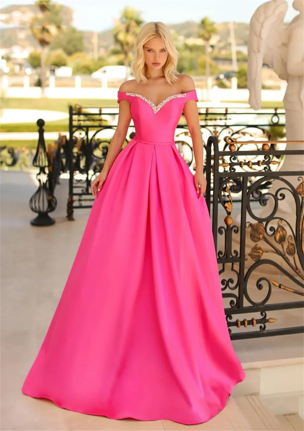 Jessica Hot Pink Wedding Dress Luxury Glitter Beads Prom Dresses Satin Spalet Straps Evening Dresses Elegant Vestidos De Fiesta