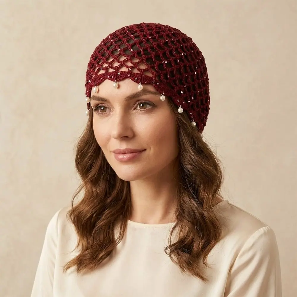 Bohemian Hollowed Out Woven Pullover Hats Crochet Pearl Fringed Knitted Hat Breathable Beret Cap Travel