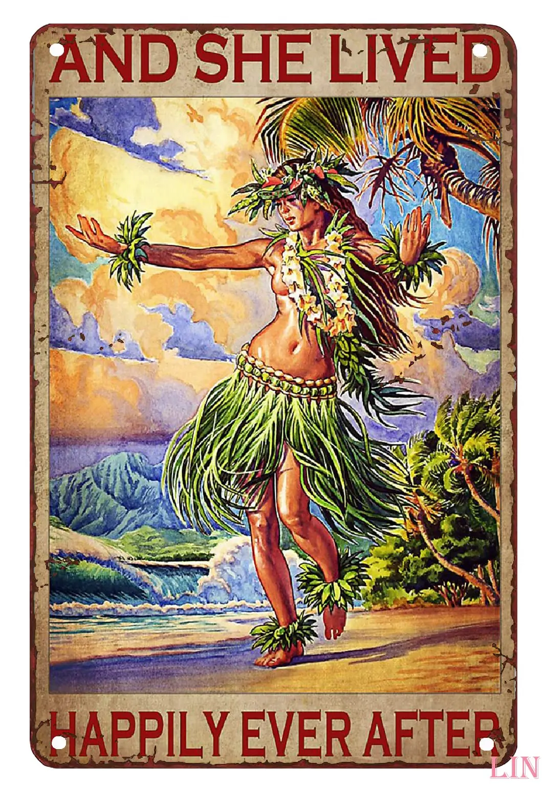 Hawaii Tin Poster Hawaiian Hula Girl and She Lived Happily Ever After Metal Signs Vintage Room Decor Aesthetic Wall Art Tin Sign