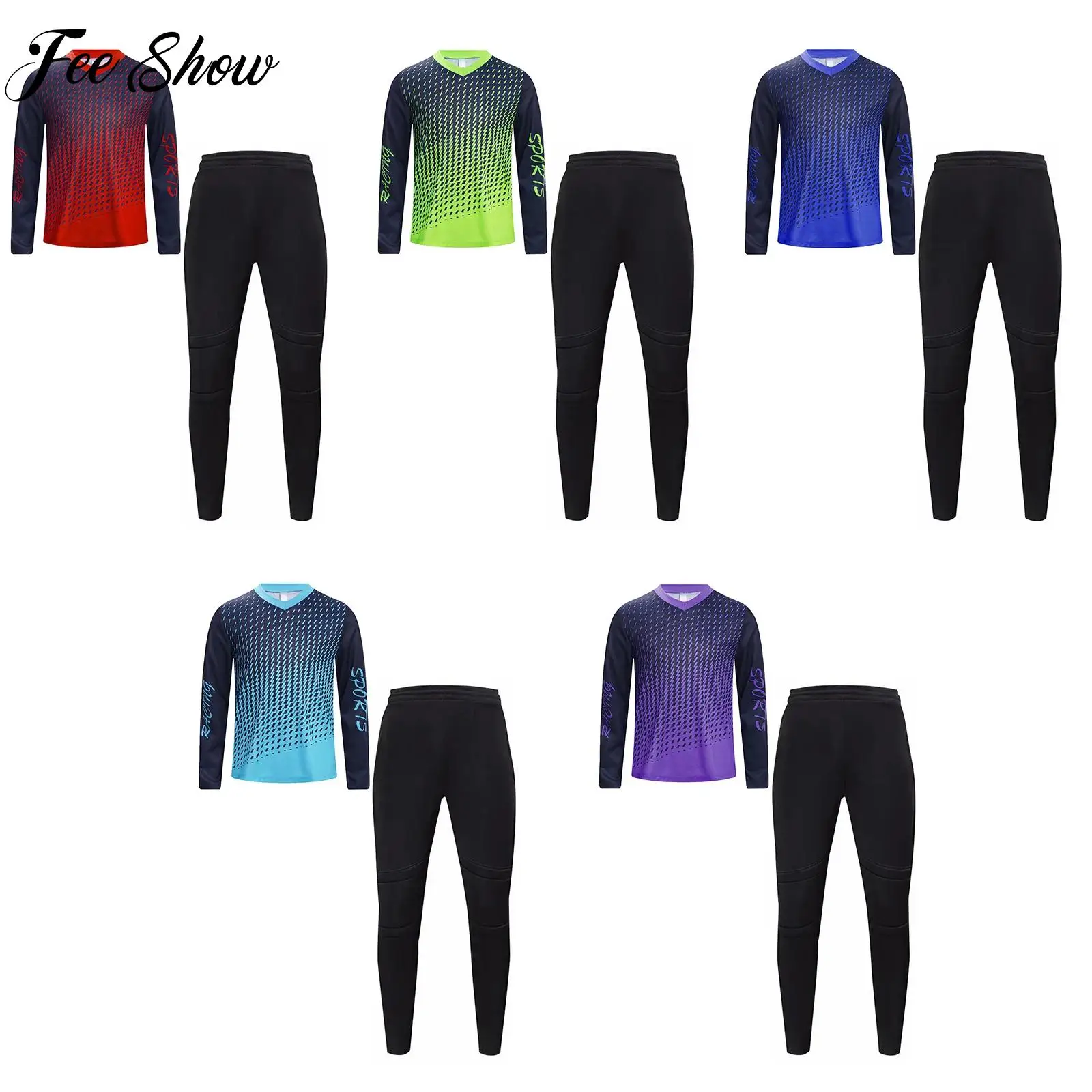 

Boys Goalkeeper Uniform Kid Long Sleeve T-shirt with Protection Pads Pants 2-piece Sports Suit for Soccer Game Football Training