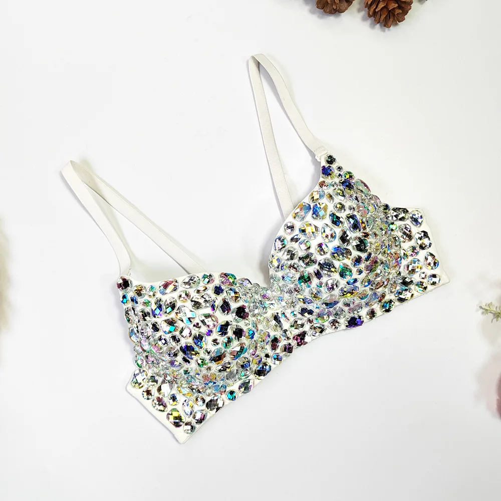 Clubwear Sexy Diamond Beaded Bikini Bra Top For Women Nightclub Party Bustier Corset Ultra-Short Backless Slim Cropped Top Camis