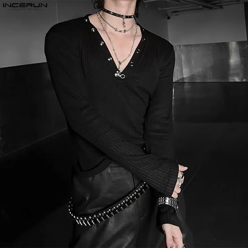 INCERUN Men T Shirt Solid Color V Neck Long Sleeve Casual Male Tee Tops Streetwear Knitted Fashion Leisure Men Clothing S-3XL