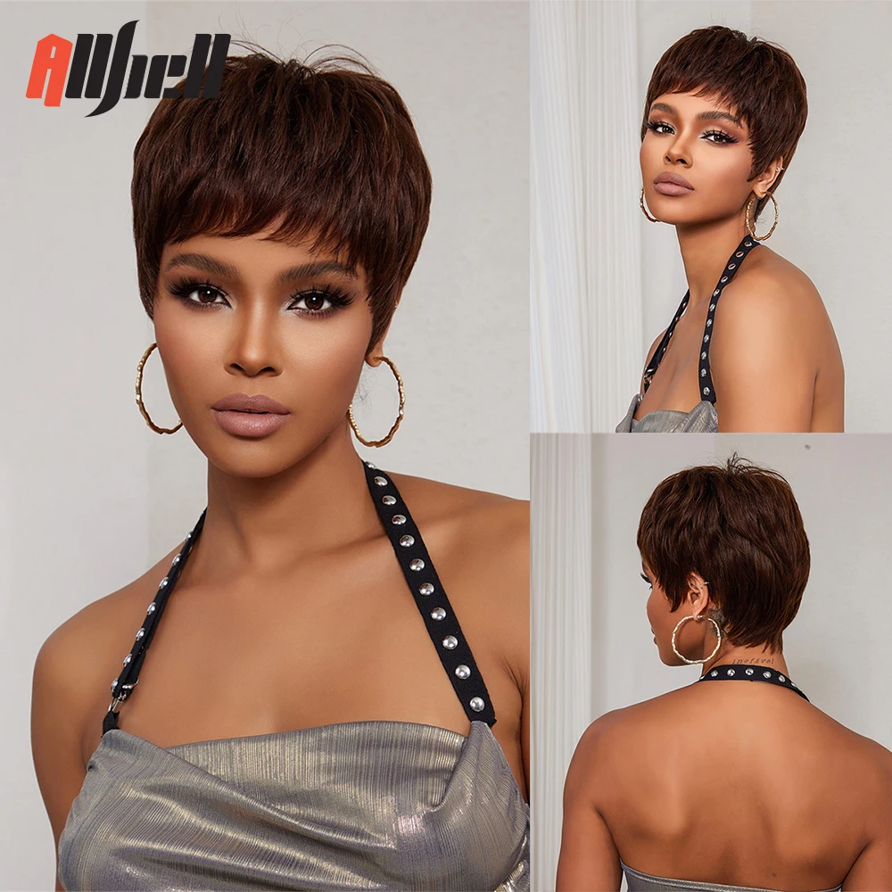 Short Pixie Cut Human Hair Wigs Dark Brown Natural Remy Human Hair Wig for Black Women Straight Layered Cheap Wig