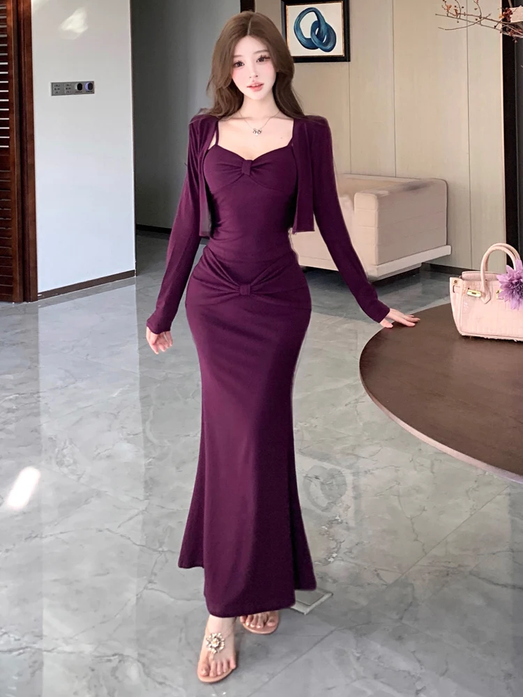 Sexy Low Cut Strap Vest Long Sleeve Open Cardigan Slim Fit Fish Tail  Skirt Three Piece Set Breathable Casual Wear for Women