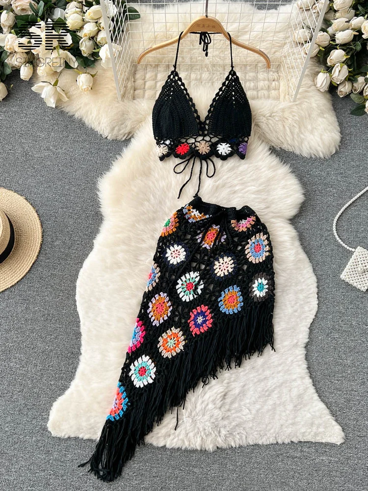 JCHENSJ Bohemian Two Piece Knitted Sets Summer Hook Hollow Out Camisole Floral Irregular Tassel Skirt Sexy Beach Style Suits